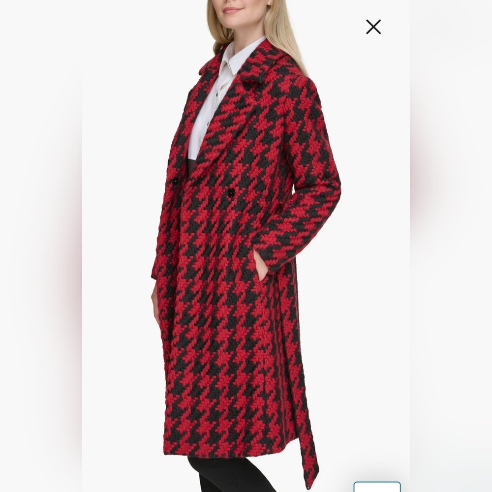 Karl Lagerfeld Red & Black Houndstooth Wool Blend Wrap Coat- LIKE NEW - Picture 16 of 16